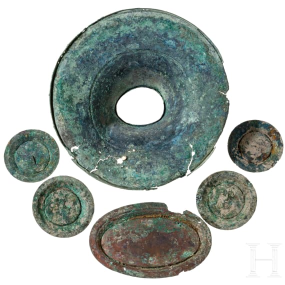 Six splendidly decorated, gilded Hellenistic bronze fittings, 3rd - 1st century B.C.