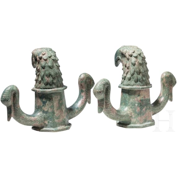 Two Roman bronze chariot body suspensions with eagle and swan heads, 2nd - 3rd century A.D.