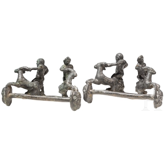 Two Roman bronze yoke fittings with satyr, silen and goats, late 1st - mid-3rd century A.D.