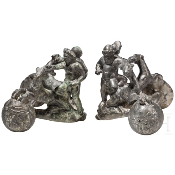 Two Roman bronze yoke fittings with satyr, silen and goats, late 1st - mid-3rd century A.D.