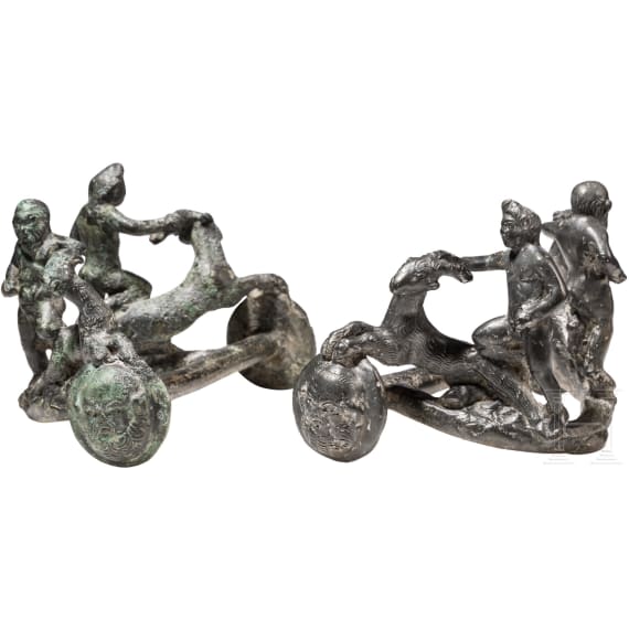 Two Roman bronze yoke fittings with satyr, silen and goats, late 1st - mid-3rd century A.D.
