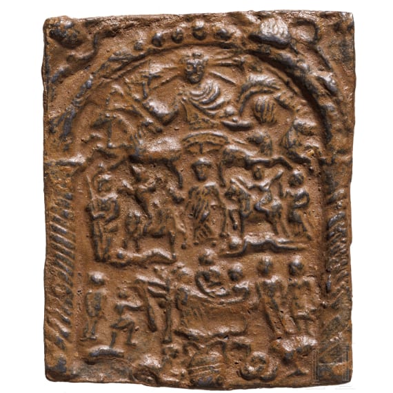 A Roman lead votive plaque depicting the Danube Riders, 2nd - 3rd century A.D.