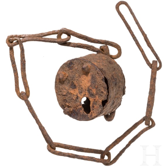 Iron padlock with chain, Roman, 2nd - 3rd century.