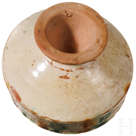 A late Byzantine bowl with coloured glaze and ring stand, 12th - 14th century A.D.