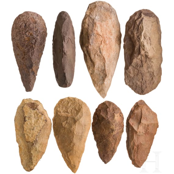 Eight Saharan hand axes, paleolithic, Acheulean, approx. 500000 - 100000 B.C.