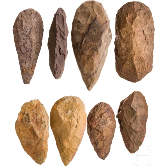 Eight Saharan hand axes, paleolithic, Acheulean, approx. 500000 - 100000 B.C.