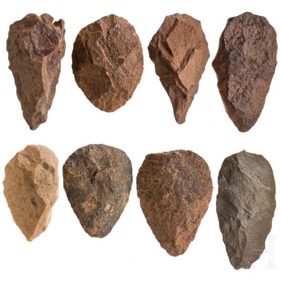 Eight Saharan hand axes, paleolithic, Acheulean, approx. 500000 - 100000 B.C.