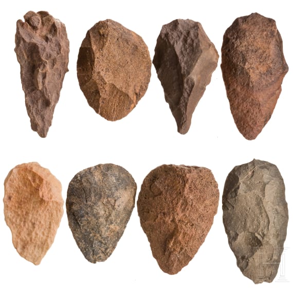 Eight Saharan hand axes, paleolithic, Acheulean, approx. 500000 - 100000 B.C.