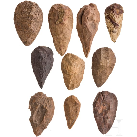 Ten Saharan hand axes, paleolithic, Acheulean, approx. 500000 - 100000 B.C.