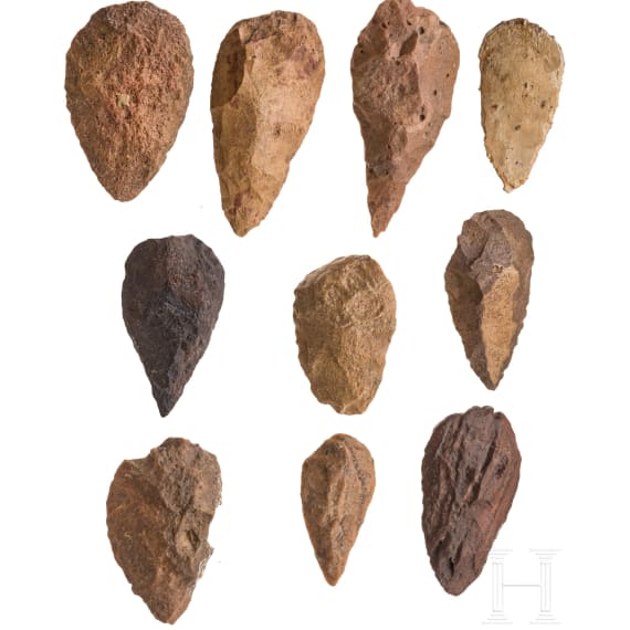 Ten Saharan hand axes, paleolithic, Acheulean, approx. 500000 - 100000 B.C.