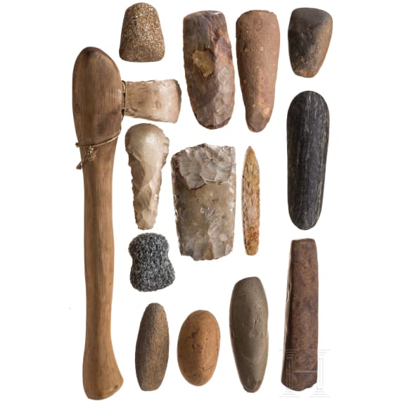 14 Neolithic stone tools, mostly hatchets, circa 4th - 3rd millennium B.C.