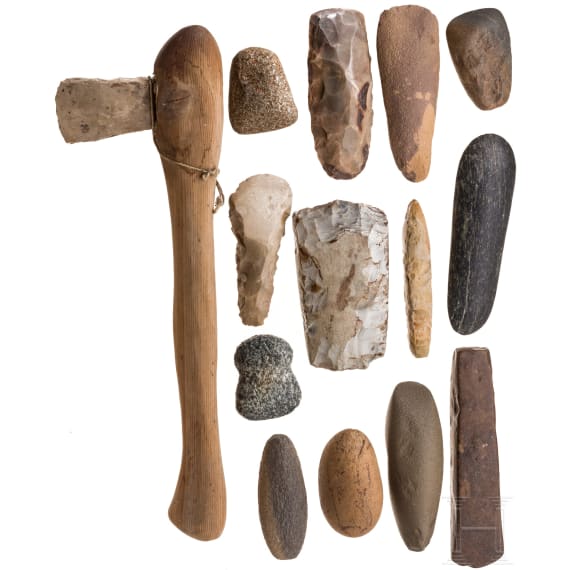 14 Neolithic stone tools, mostly hatchets, circa 4th - 3rd millennium B.C.