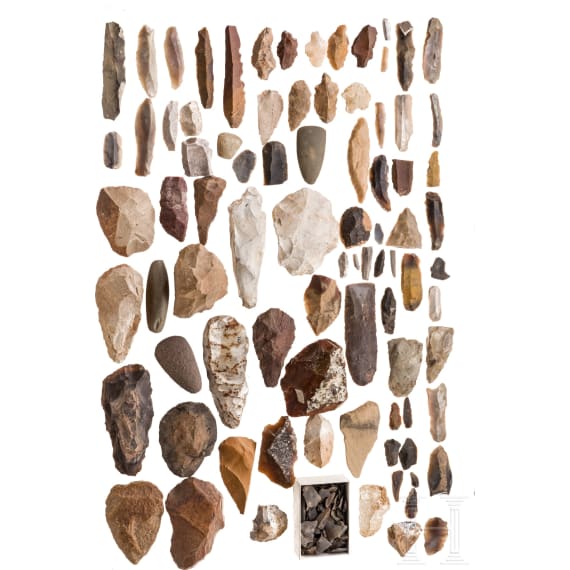 A large collection of stone tools, blades, scrapers etc., Paleolithic - Neolithic, circa 500000 - 2000 B.C.