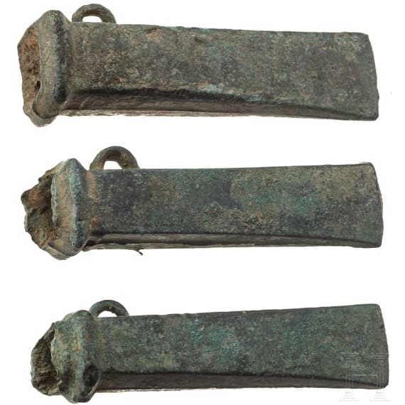 Three Breton bronze axes type Dahouet, late Bronze Age to early Iron Age of western Europe, 10th - 5th century B.C.