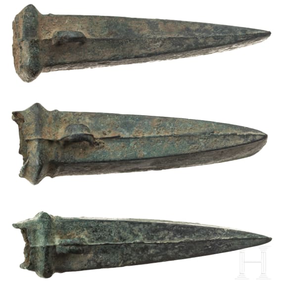 Three Breton bronze axes type Dahouet, late Bronze Age to early Iron Age of western Europe, 10th - 5th century B.C.