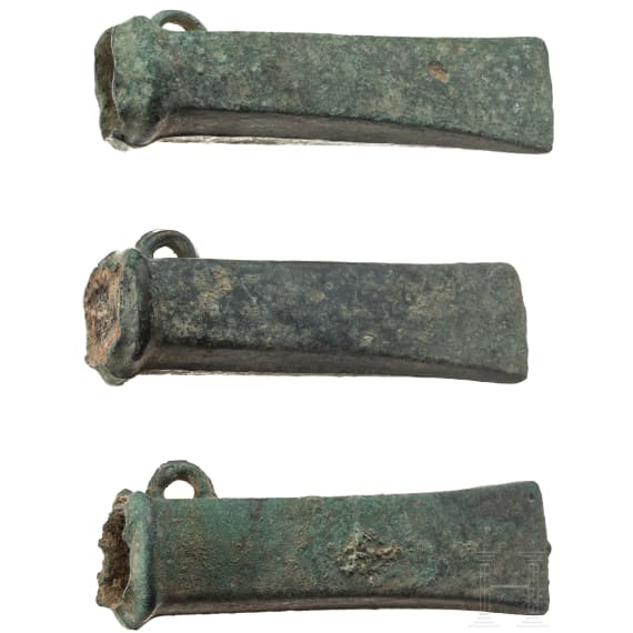 Three Breton bronze axes type Dahouet, late Bronze Age to early Iron Age of western Europe, 10th - 5th century B.C.