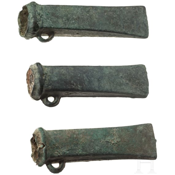 Three Breton bronze axes type Dahouet, late Bronze Age to early Iron Age of western Europe, 10th - 5th century B.C.