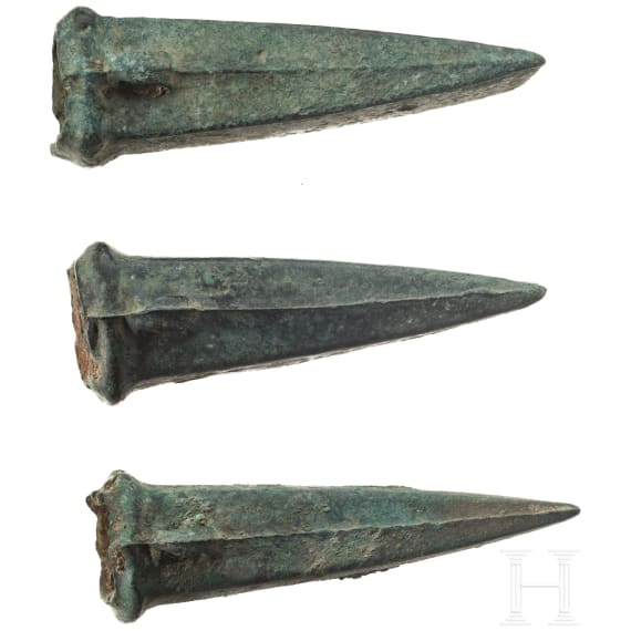 Three Breton bronze axes type Dahouet, late Bronze Age to early Iron Age of western Europe, 10th - 5th century B.C.