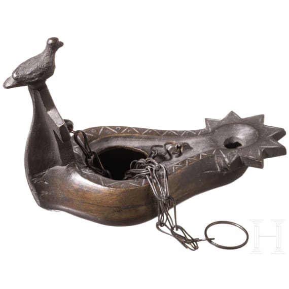 An Italian bronze lamp based on an antique model with cross and dove as a handle, Grand Tour souvenir for a visit of the catacombs in Rome, early 19th century