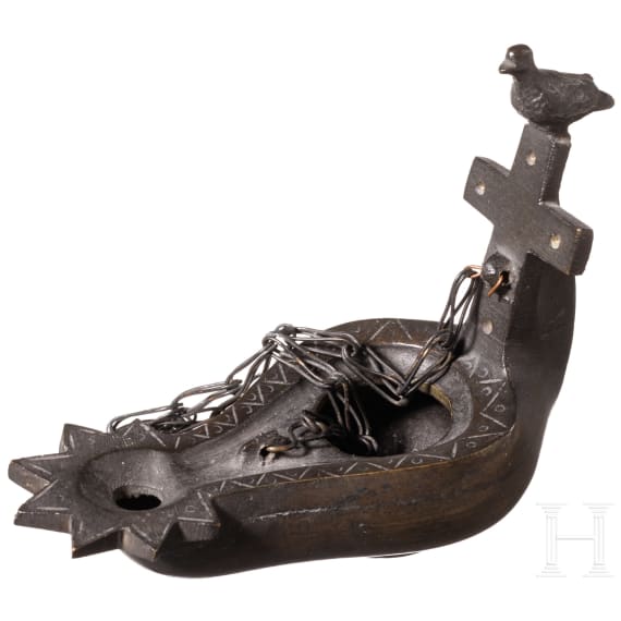 An Italian bronze lamp based on an antique model with cross and dove as a handle, Grand Tour souvenir for a visit of the catacombs in Rome, early 19th century