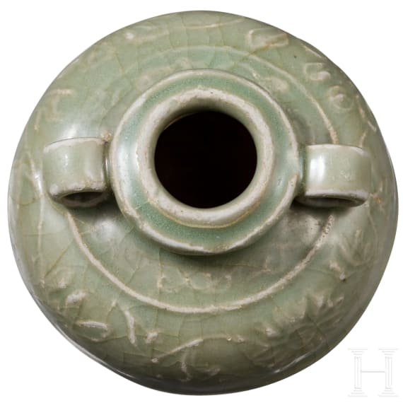 A small Chinese molded Longquan celadon vase, probably Ming Dynasty