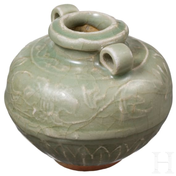 A small Chinese molded Longquan celadon vase, probably Ming Dynasty