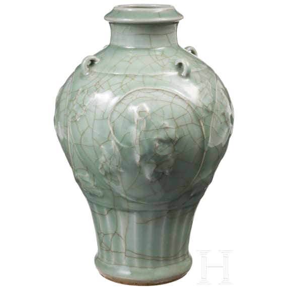 A molded Longquan celadon vase, probably Ming Dynasty