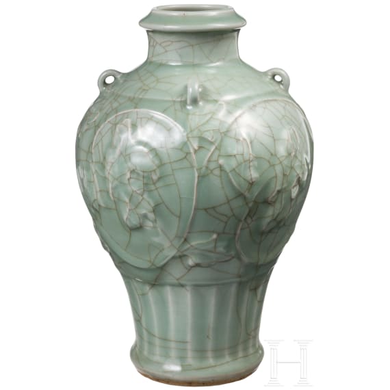 A molded Longquan celadon vase, probably Ming Dynasty
