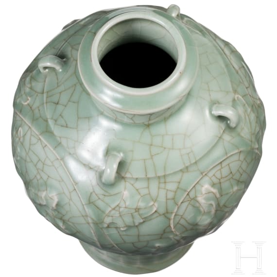 A molded Longquan celadon vase, probably Ming Dynasty