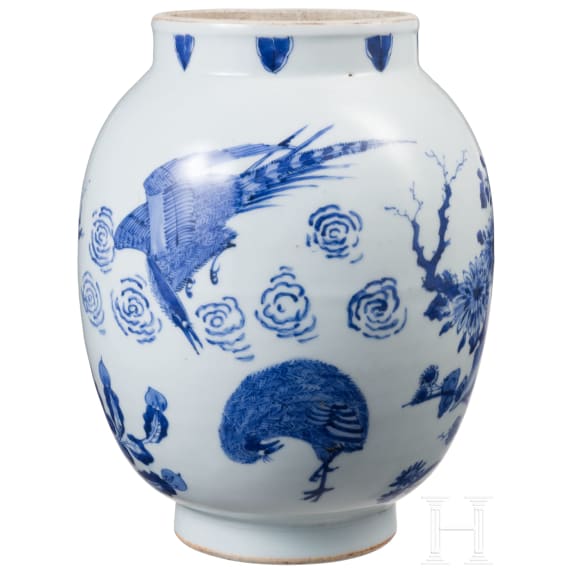 A Chinese blue and white jar with flowers, probably Kangxi period (early 18th century)