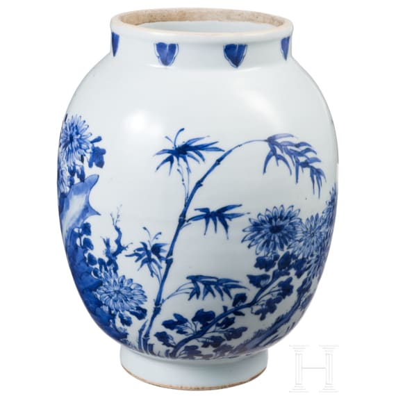 A Chinese blue and white jar with flowers, probably Kangxi period (early 18th century)