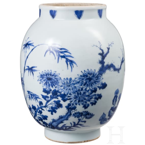 A Chinese blue and white jar with flowers, probably Kangxi period (early 18th century)