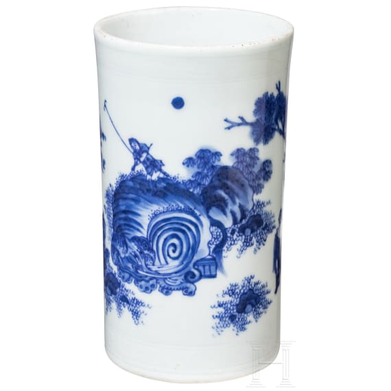 A Chinese blue and white brush pot showing a scholar in landscape, probably Kangxi period (18th century)