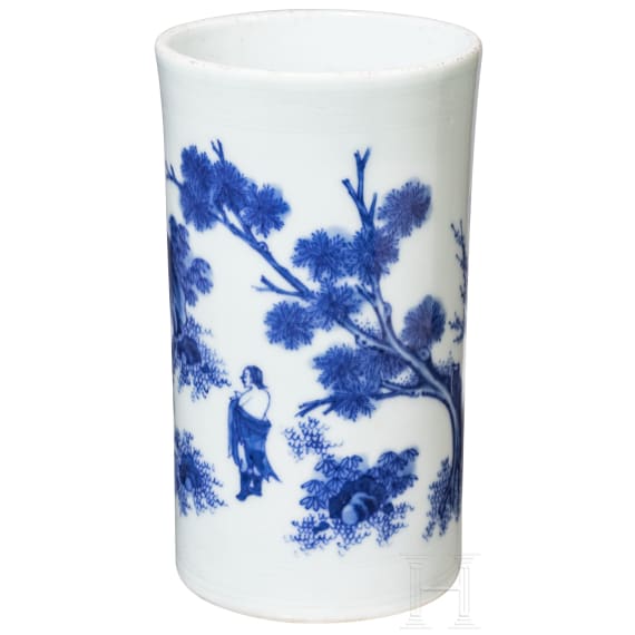 A Chinese blue and white brush pot showing a scholar in landscape, probably Kangxi period (18th century)