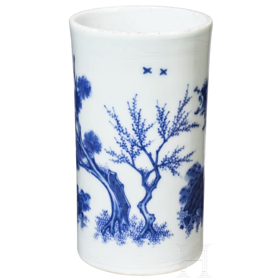 A Chinese blue and white brush pot showing a scholar in landscape, probably Kangxi period (18th century)