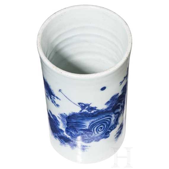 A Chinese blue and white brush pot showing a scholar in landscape, probably Kangxi period (18th century)