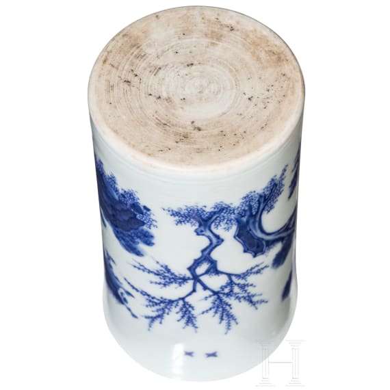 A Chinese blue and white brush pot showing a scholar in landscape, probably Kangxi period (18th century)