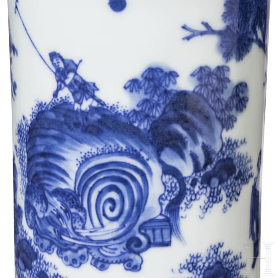 A Chinese blue and white brush pot showing a scholar in landscape, probably Kangxi period (18th century)