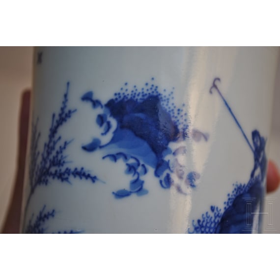 A Chinese blue and white brush pot showing a scholar in landscape, probably Kangxi period (18th century)