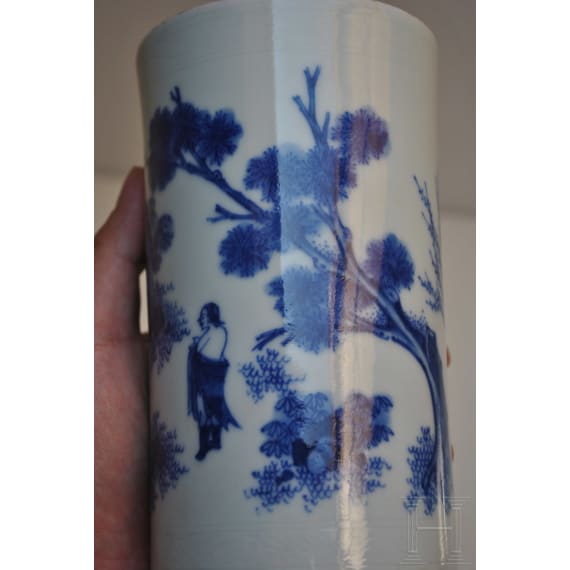 A Chinese blue and white brush pot showing a scholar in landscape, probably Kangxi period (18th century)