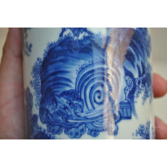 A Chinese blue and white brush pot showing a scholar in landscape, probably Kangxi period (18th century)