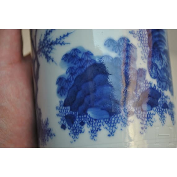 A Chinese blue and white brush pot showing a scholar in landscape, probably Kangxi period (18th century)