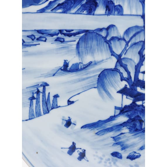 A Chinese blue and white porcelain charger with river and mountain scene, probably 19th/20th century