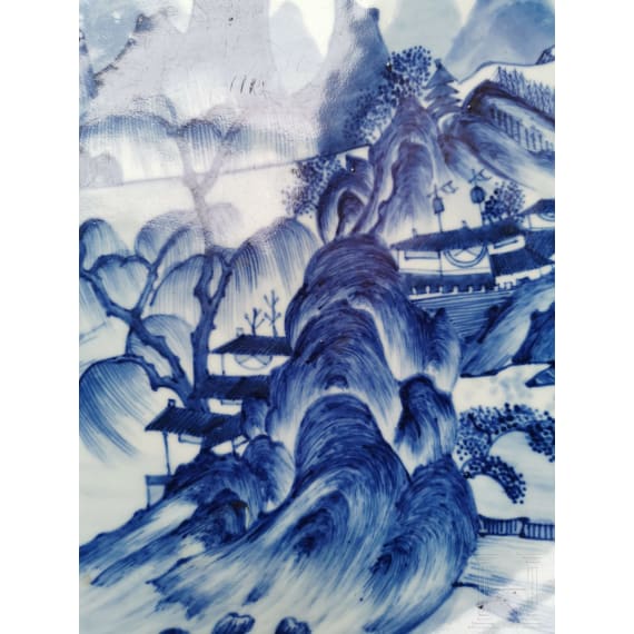 A Chinese blue and white porcelain charger with river and mountain scene, probably 19th/20th century