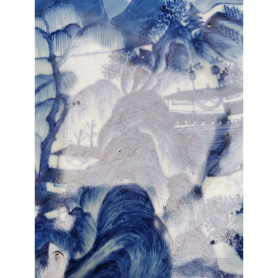 A Chinese blue and white porcelain charger with river and mountain scene, probably 19th/20th century