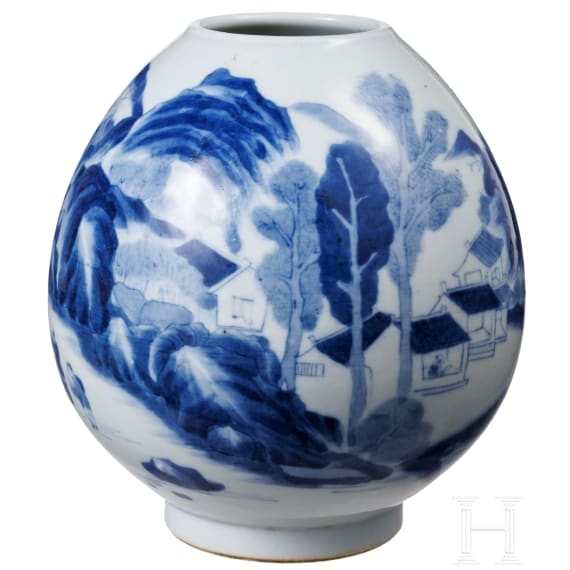 A Chinese blue and white water pot with mountain and river scene, probably 19th/20th century