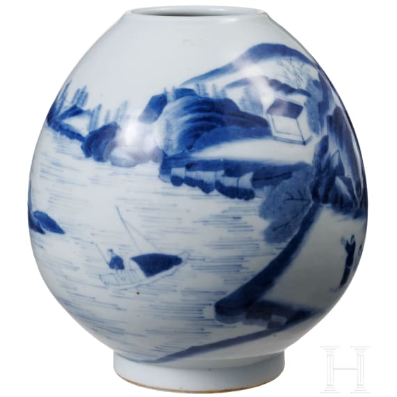A Chinese blue and white water pot with mountain and river scene, probably 19th/20th century