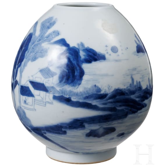 A Chinese blue and white water pot with mountain and river scene, probably 19th/20th century