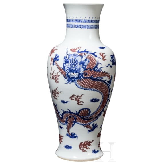 A large Chinese blue and white and copper red dragon vase with Chengua six-character mark, 20th century