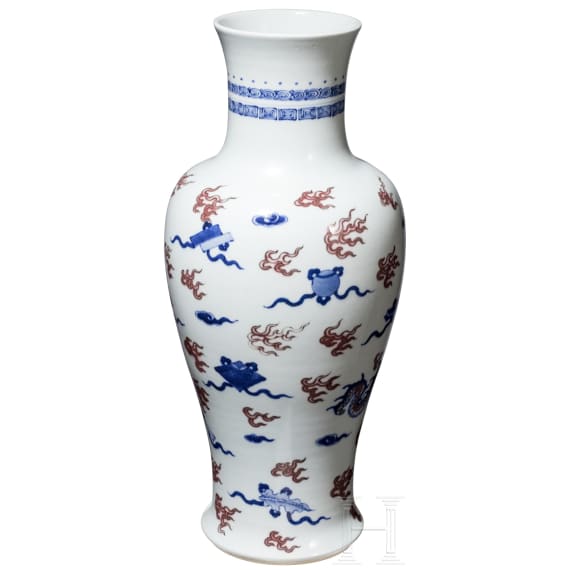 A large Chinese blue and white and copper red dragon vase with Chengua six-character mark, 20th century
